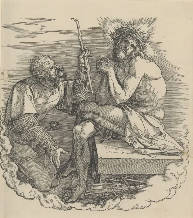 Framed Print : The Man of Sorrows Mocked by a Soldier, Frontispiece to the Great Passion. n. d. n. d Framed Print : The Man of Sorrows Mocked by a Soldier, Frontispiece to the Great Passion. n. d. n. d
