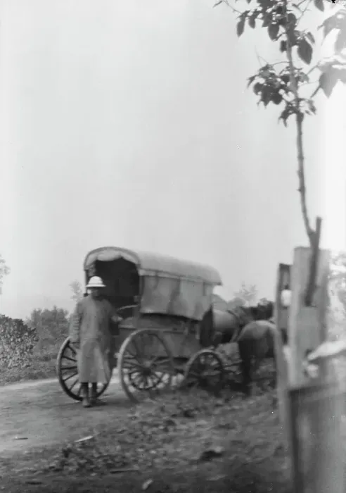 Framed Print : Man standing behind a horse-drawn wagon, Japan, 1908. Creator: Arnold Genthe Framed Print : Man standing behind a horse-drawn wagon, Japan, 1908. Creator: Arnold Genthe
