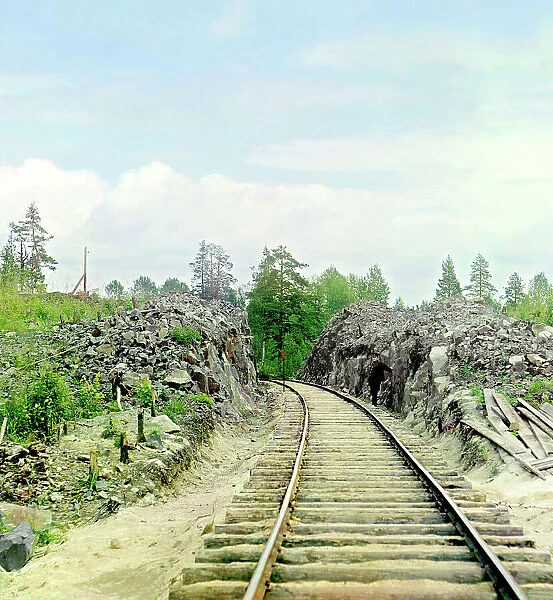 Man standing beside railroad tracks, between 1905 and 1915. Creator: Sergey Mikhaylovich Prokudin-Gorsky