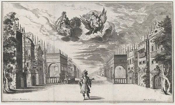 A man stands at center, flanked by rows of buildings; above Jupiter atop an eagle and Juno... 1668. Creator: Mathaus Küsel