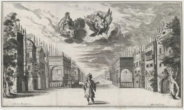Framed Print : A man stands at center, flanked by rows of buildings; above Jupiter atop an eagle and Juno... 1668. Creator: Mathaus Küsel