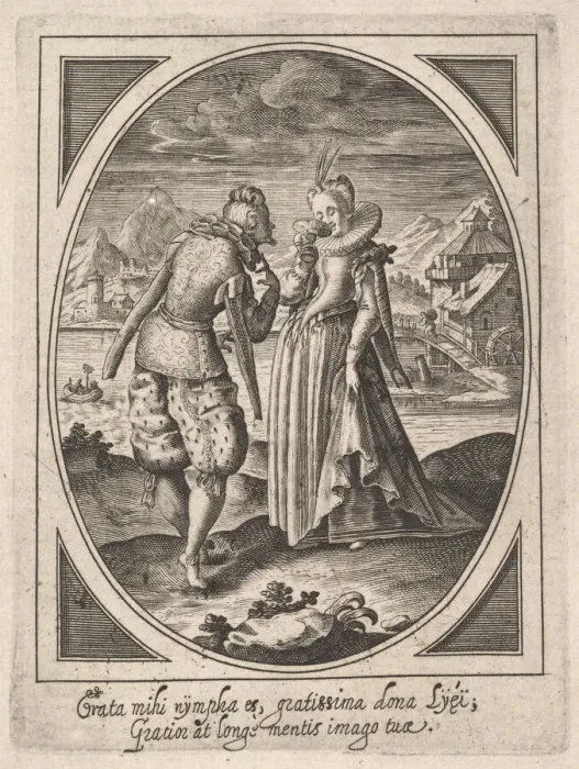 Framed Print : A man steps toward a woman who holds a goblet to her mouth, a watermill and mount... ca Framed Print : A man steps toward a woman who holds a goblet to her mouth, a watermill and mount... ca