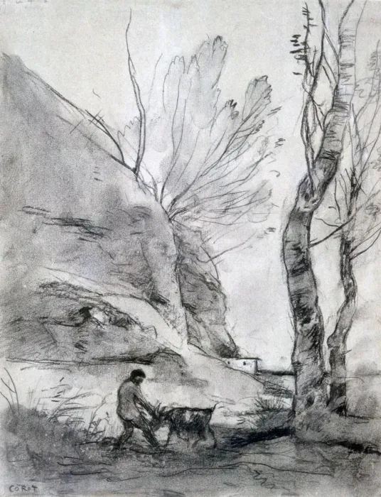 Framed Print : Man Struggling with a Goat, c1816-1875. Artist: Jean-Baptiste-Camille Corot Framed Print : Man Struggling with a Goat, c1816-1875. Artist: Jean-Baptiste-Camille Corot