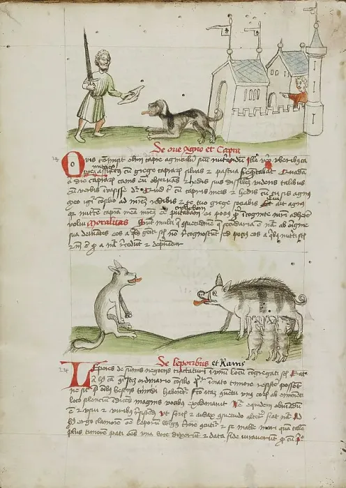 Framed Print : A Man with a Sword and a Dog with a Bone: A Wolf and a Pig; Fables, third quarter of 15th century. Creator: Unknown Framed Print : A Man with a Sword and a Dog with a Bone: A Wolf and a Pig; Fables, third quarter of 15th century. Creator: Unknown