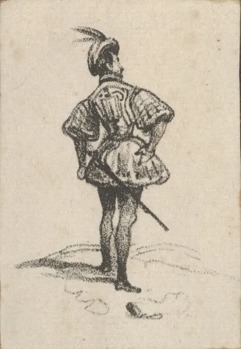 Framed Print : Man with sword and feathered hat, viewed from the back, mid-19th century Framed Print : Man with sword and feathered hat, viewed from the back, mid-19th century