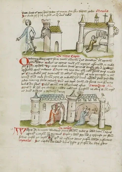 Framed Print : A Man with a Sword and Spurs Leading a Donkey from his House... third quarter of 15th century. Creator: Unknown Framed Print : A Man with a Sword and Spurs Leading a Donkey from his House... third quarter of 15th century. Creator: Unknown