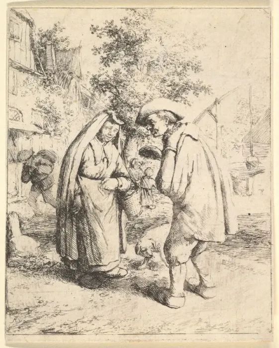 Framed Print : Man Talking to a Woman, 1610-85. Creator: Adriaen van Ostade Framed Print : Man Talking to a Woman, 1610-85. Creator: Adriaen van Ostade