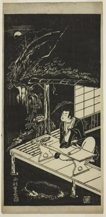 Framed Print : Man in Thatched Hut Viewing the Moon, c. 1740s. Creator: Nishimura Shigenaga Framed Print : Man in Thatched Hut Viewing the Moon, c. 1740s. Creator: Nishimura Shigenaga