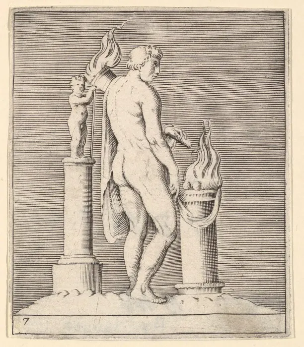 Framed Print : Man with Torch between Flaming Altar and Statuette, published ca. 1599-1622 Framed Print : Man with Torch between Flaming Altar and Statuette, published ca. 1599-1622