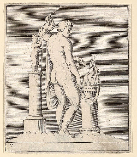 Man with Torch between Flaming Altar and Statuette, published ca. 1599-1622