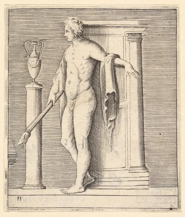 Framed Print : Man with Torch at Temple Door, published ca. 1599-1622. Creator: Unknown