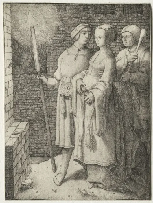 Framed Print : The Man with the Torch and a Woman Followed by a Fool, c. 1508. Creator: Lucas van Leyden (Dutch Framed Print : The Man with the Torch and a Woman Followed by a Fool, c. 1508. Creator: Lucas van Leyden (Dutch