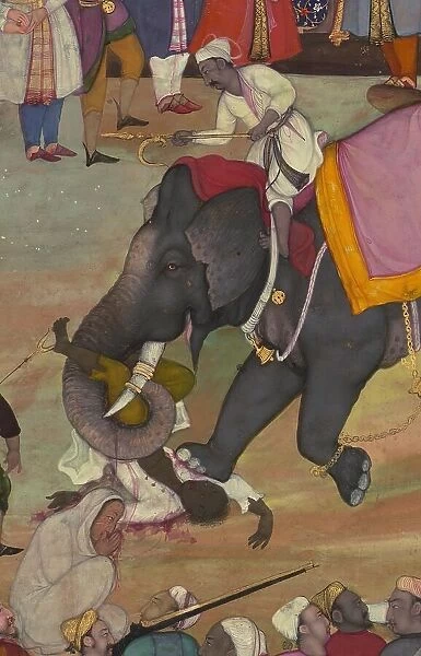 Man being trampled by an elephant - folio from the Akbarnama, late 10th century AH / AD 16th century. Creator: Unknown