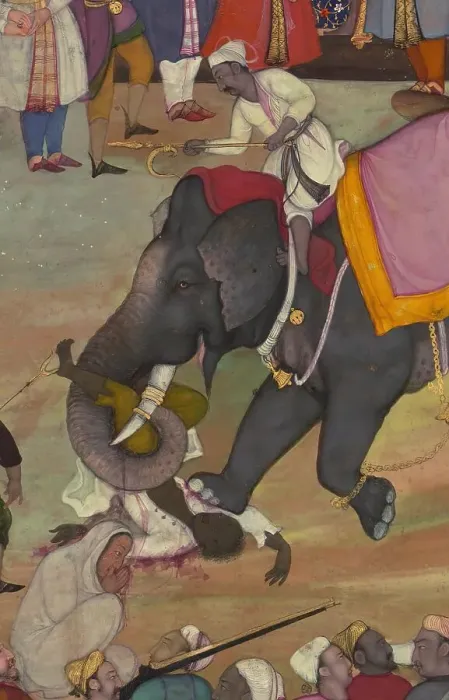 Framed Print : Man being trampled by an elephant - folio from the Akbarnama, late 10th century AH / AD 16th century. Creator: Unknown Framed Print : Man being trampled by an elephant - folio from the Akbarnama, late 10th century AH / AD 16th century. Creator: Unknown