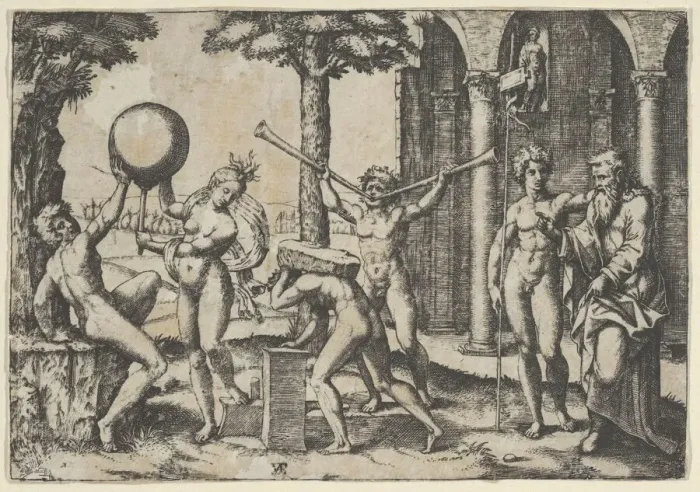 Framed Print : A man with two trumpets in the centre flanked by other figures including an old and... ca. 1510-27. Creator: Marcantonio Raimondi Framed Print : A man with two trumpets in the centre flanked by other figures including an old and... ca. 1510-27. Creator: Marcantonio Raimondi