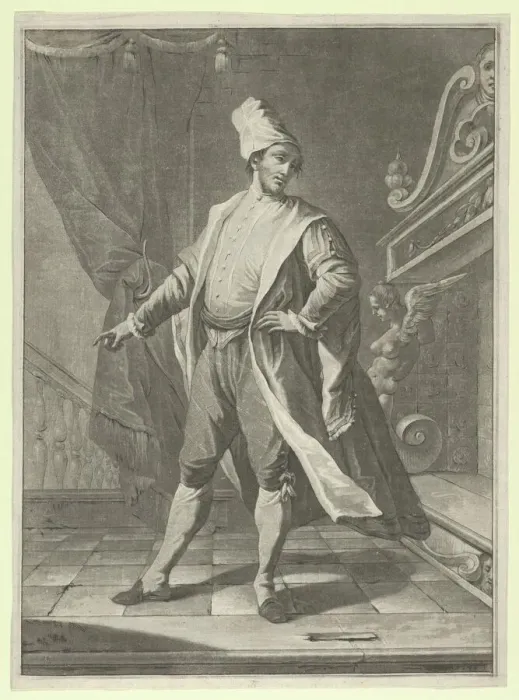 Framed Print : Man in Venetian costume standing before a large fireplace, right arm outstretched... ca. 1770-1800. Creator: Anon Framed Print : Man in Venetian costume standing before a large fireplace, right arm outstretched... ca. 1770-1800. Creator: Anon