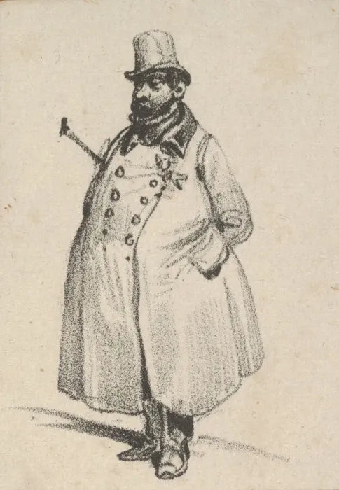 Framed Print : Man wearing a coat and a hat with a cane under his arm, mid-19th century Framed Print : Man wearing a coat and a hat with a cane under his arm, mid-19th century
