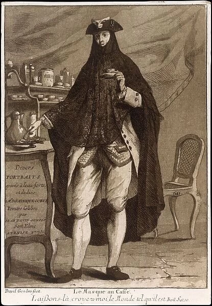 A man wearing a mask drinking a cup of coffee (Le Masque au Caffé), 1775