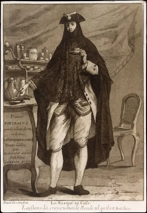 Framed Print : A man wearing a mask drinking a cup of coffee (Le Masque au Caffe), 1775 Framed Print : A man wearing a mask drinking a cup of coffee (Le Masque au Caffe), 1775