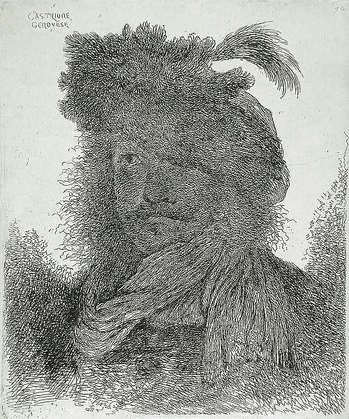 Man Wearing a Plumed Fur Cap and a Scarf, between circa 1647 and circa 1651. Creator: Giovanni Benedetto Castiglione