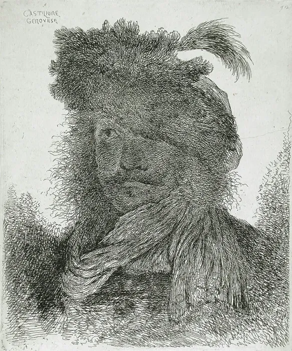 Framed Print : Man Wearing a Plumed Fur Cap and a Scarf, between circa 1647 and circa 1651. Creator: Giovanni Benedetto Castiglione Framed Print : Man Wearing a Plumed Fur Cap and a Scarf, between circa 1647 and circa 1651. Creator: Giovanni Benedetto Castiglione