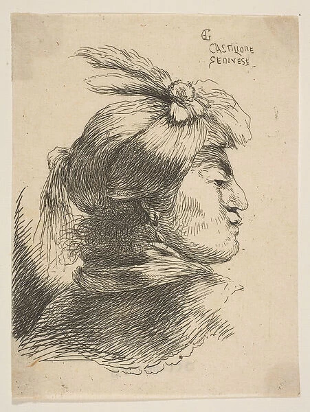 Man wearing a small turban Oonamented with plumes and ribbon, facing right, from... ca