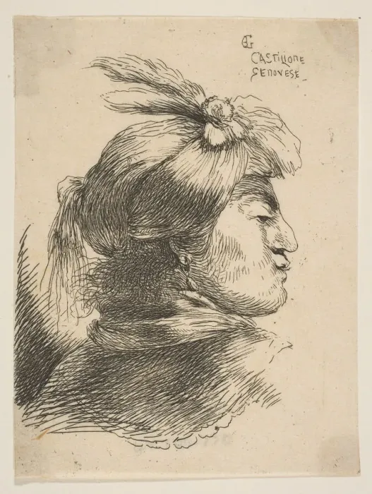Framed Print : Man wearing a small turban Oonamented with plumes and ribbon, facing right, from... ca Framed Print : Man wearing a small turban Oonamented with plumes and ribbon, facing right, from... ca