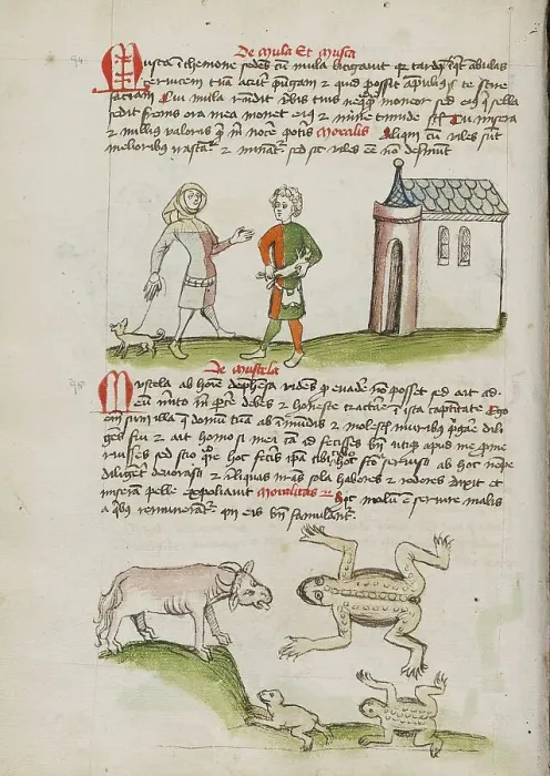 Framed Print : A Man with a Weasel on a Leash: An Ox, Frogs, and Toads; Fables, third quarter of 15th century. Creator: Unknown Framed Print : A Man with a Weasel on a Leash: An Ox, Frogs, and Toads; Fables, third quarter of 15th century. Creator: Unknown