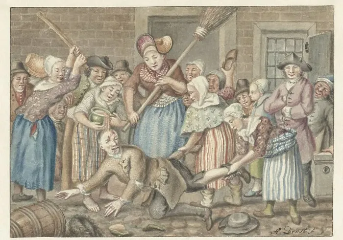 Framed Print : A man who had beaten his wife is punished by a group of women in the Vinkestraat in Amsterdam, 1768. Creator: Anthonie Drost Framed Print : A man who had beaten his wife is punished by a group of women in the Vinkestraat in Amsterdam, 1768. Creator: Anthonie Drost