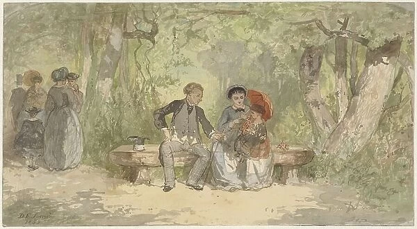 Man, wife and child on a bench in the park, 1863. Creator: Diederik Franciscus Jamin