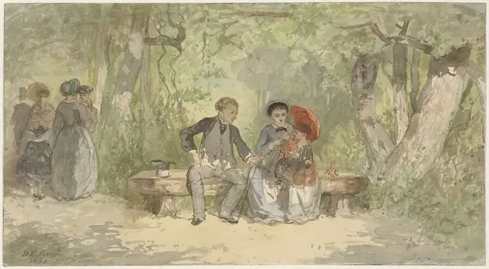 Framed Print : Man, wife and child on a bench in the park, 1863. Creator: Diederik Franciscus Jamin Framed Print : Man, wife and child on a bench in the park, 1863. Creator: Diederik Franciscus Jamin