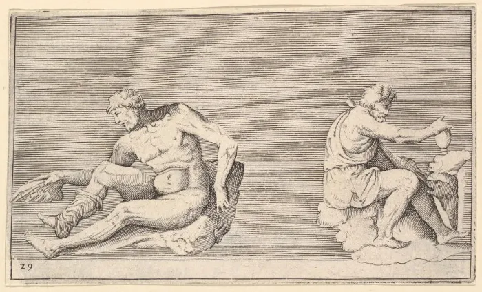 Framed Print : Man with Wing; Man with Vase and Dog, published ca. 1599-1622. Creator: Unknown Framed Print : Man with Wing; Man with Vase and Dog, published ca. 1599-1622. Creator: Unknown