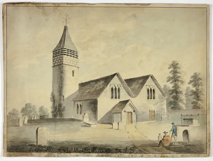 Framed Print : Man, Woman and Child in Churchyard Cemetary, 1800-1899. Creator: Unknown Framed Print : Man, Woman and Child in Churchyard Cemetary, 1800-1899. Creator: Unknown
