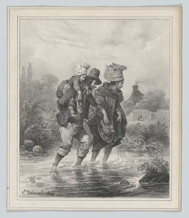 Framed Print : Man, Woman and Child Crossing a Stream, 1829. Creator: Hippolyte Bellangé Framed Print : Man, Woman and Child Crossing a Stream, 1829. Creator: Hippolyte Bellangé