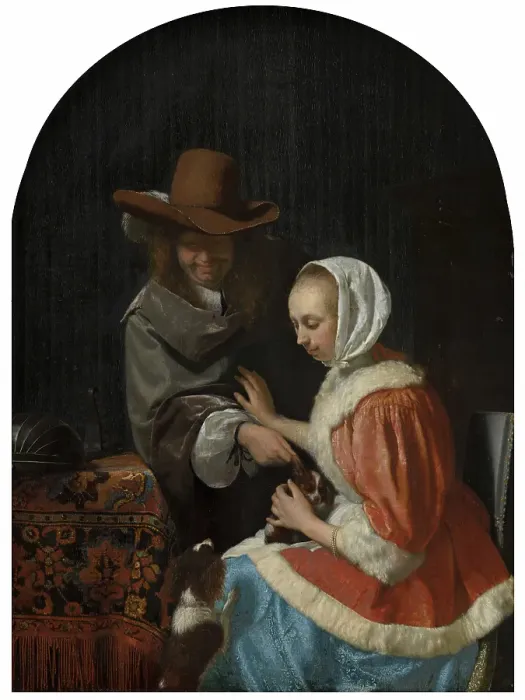 Framed Print : Man and Woman with Two Dogs, known as Teasing the Pet'. Creator: Frans van Mieris I Framed Print : Man and Woman with Two Dogs, known as Teasing the Pet'. Creator: Frans van Mieris I