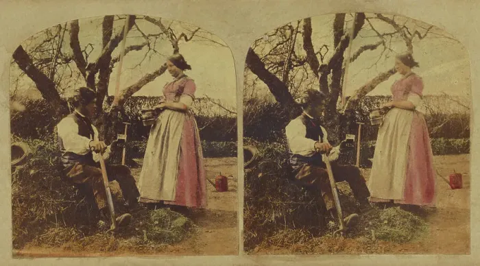 Framed Print : Man and woman in the garden, about 1865. Creator: London Stereoscopic & Photographic Co Framed Print : Man and woman in the garden, about 1865. Creator: London Stereoscopic & Photographic Co