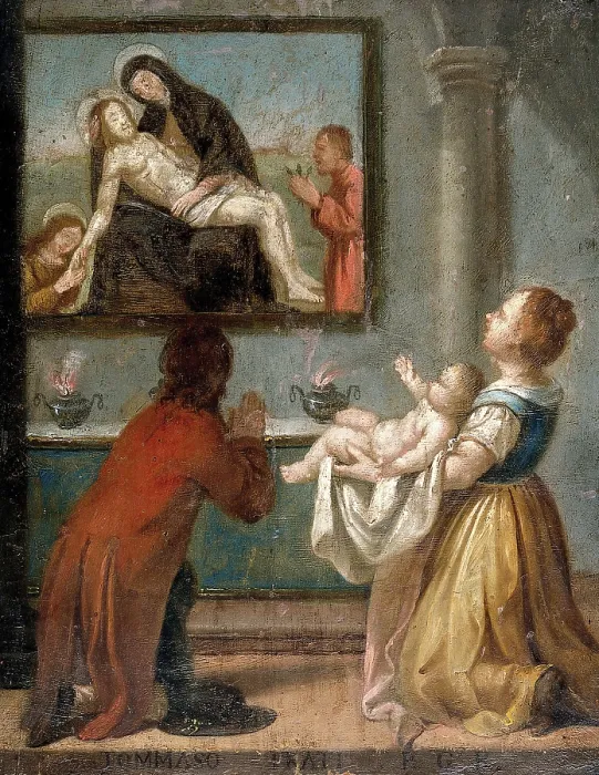 Framed Print : A man and a woman holding a baby before an altar, 18th (?) century. Creator: Unknown Framed Print : A man and a woman holding a baby before an altar, 18th (?) century. Creator: Unknown