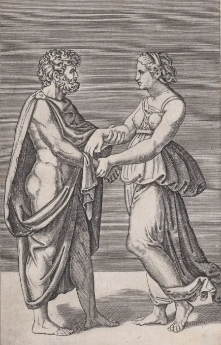Framed Print : Man and Woman Holding Hands, 1516-17. Creator: Agostino Veneziano Framed Print : Man and Woman Holding Hands, 1516-17. Creator: Agostino Veneziano