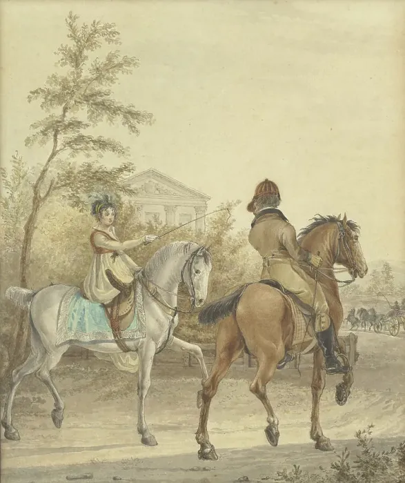 Framed Print : Man and a woman on horseback on a country road, 1802. Creator: Johannes Vinkeles Framed Print : Man and a woman on horseback on a country road, 1802. Creator: Johannes Vinkeles