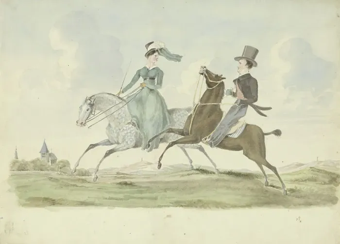 Framed Print : Man and woman on horseback in a landscape, 1811-1873. Creator: Pieter van Loon Framed Print : Man and woman on horseback in a landscape, 1811-1873. Creator: Pieter van Loon