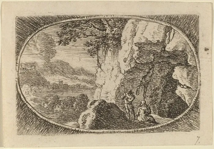 Framed Print : Man and Woman at the Mouth of a Cave. Creator: Herman van Swanevelt Framed Print : Man and Woman at the Mouth of a Cave. Creator: Herman van Swanevelt