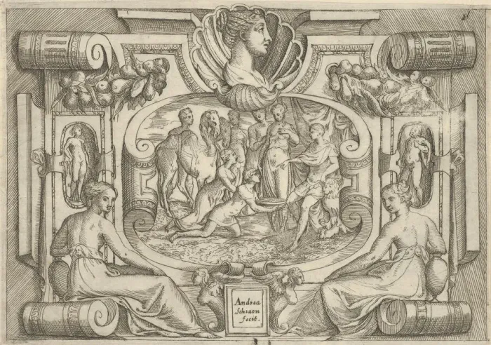 Framed Print : A man and woman offering a platter of coins to a king seated on a throne, set withi Framed Print : A man and woman offering a platter of coins to a king seated on a throne, set withi