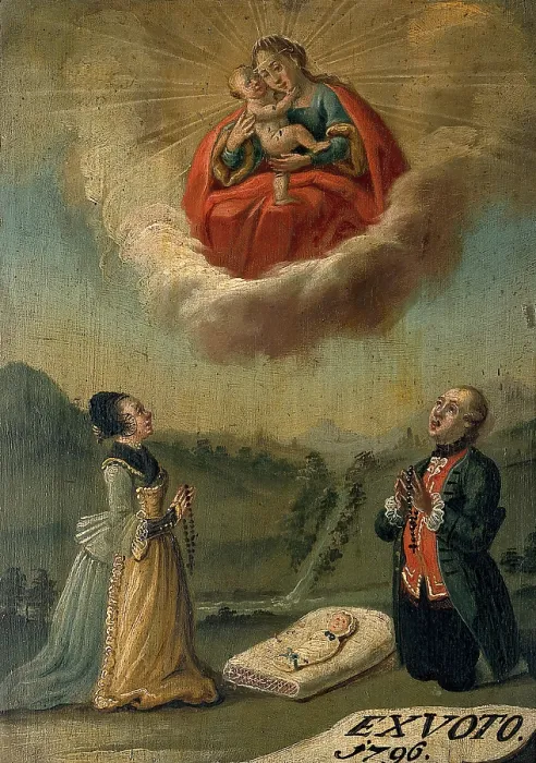 Framed Print : A man and a woman praying to the Virgin and Child for the life of their swaddled baby, 1796. Creator: Unknown Framed Print : A man and a woman praying to the Virgin and Child for the life of their swaddled baby, 1796. Creator: Unknown