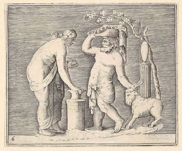 Man and Woman Sacrificing a Goat, published ca. 1599-1622. Creator: Unknown