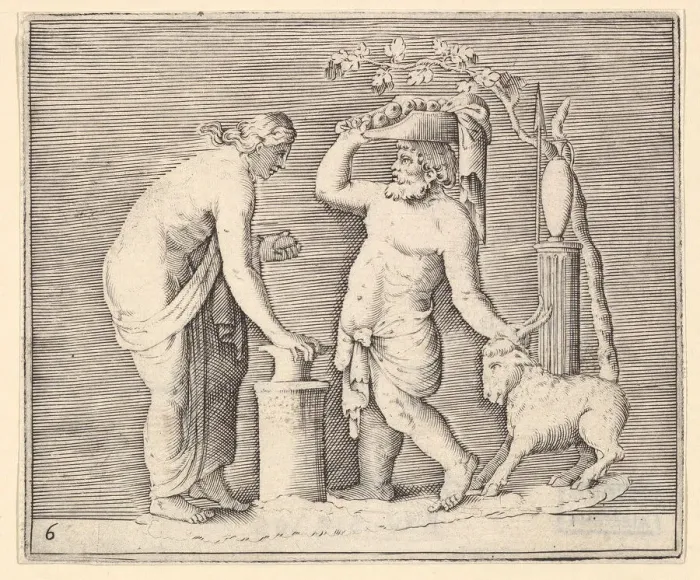 Framed Print : Man and Woman Sacrificing a Goat, published ca. 1599-1622. Creator: Unknown Framed Print : Man and Woman Sacrificing a Goat, published ca. 1599-1622. Creator: Unknown