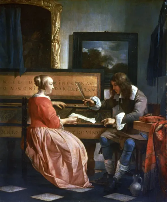 Framed Print : A Man and a Woman seated by a Virginal, c1649-1667. Artist: Gabriel Metsu Framed Print : A Man and a Woman seated by a Virginal, c1649-1667. Artist: Gabriel Metsu