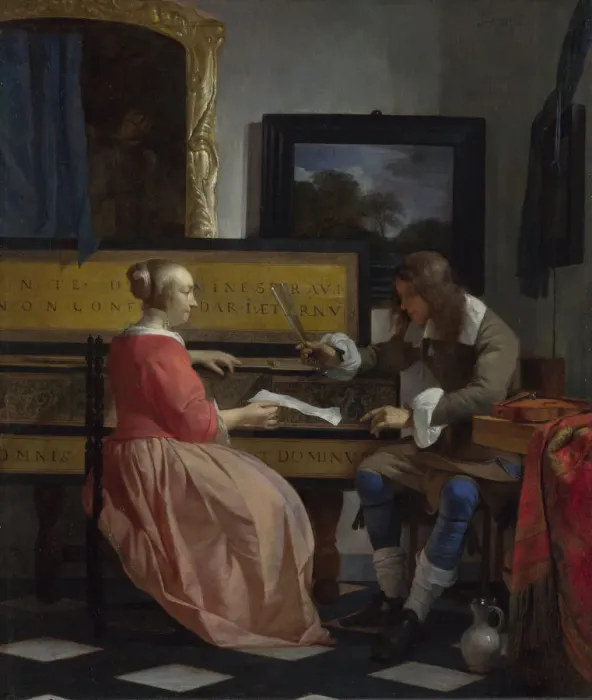 Framed Print : A Man and a Woman seated by a Virginal, ca 1665. Artist: Metsu, Gabriel (1629-1667) Framed Print : A Man and a Woman seated by a Virginal, ca 1665. Artist: Metsu, Gabriel (1629-1667)