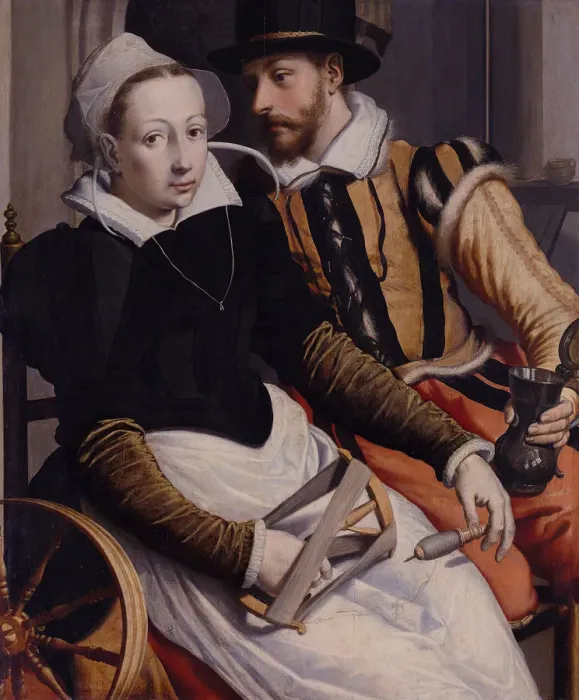 Framed Print : Man and Woman at the Spinning Wheel, c. 1570. Artist: Pietersz, Pieter, the Elder (1540-1603) Framed Print : Man and Woman at the Spinning Wheel, c. 1570. Artist: Pietersz, Pieter, the Elder (1540-1603)