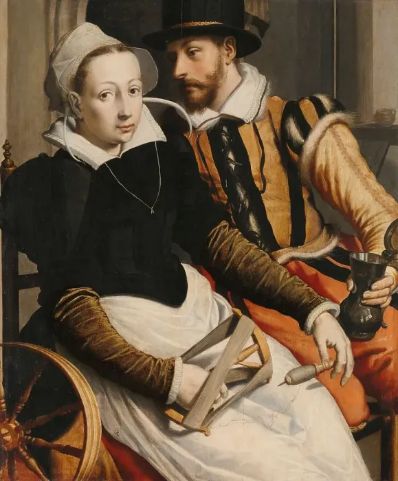 Framed Print : Man and Woman at a Spinning Wheel, c.1560-c.1570. Creator: Pieter Pietersz. the elder Framed Print : Man and Woman at a Spinning Wheel, c.1560-c.1570. Creator: Pieter Pietersz. the elder