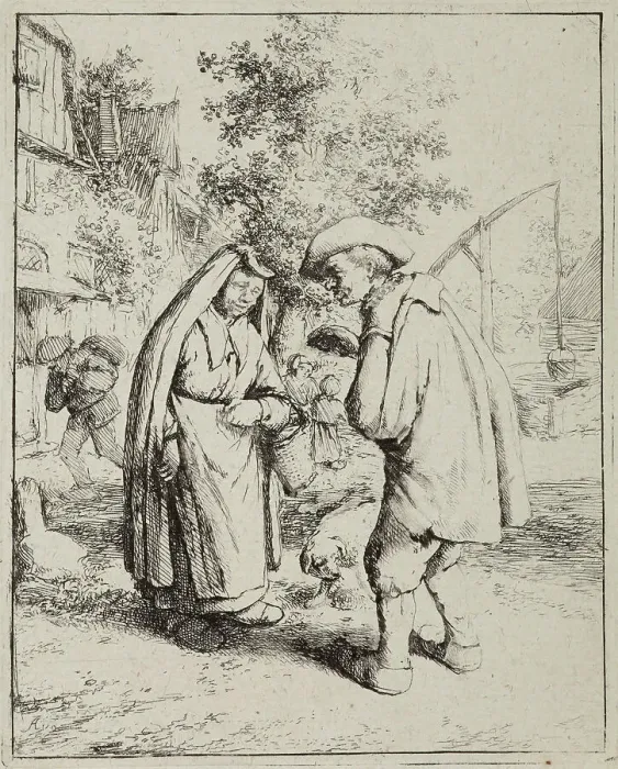 Framed Print : Man and woman talking, 1650? Creator: Adriaen van Ostade Framed Print : Man and woman talking, 1650? Creator: Adriaen van Ostade